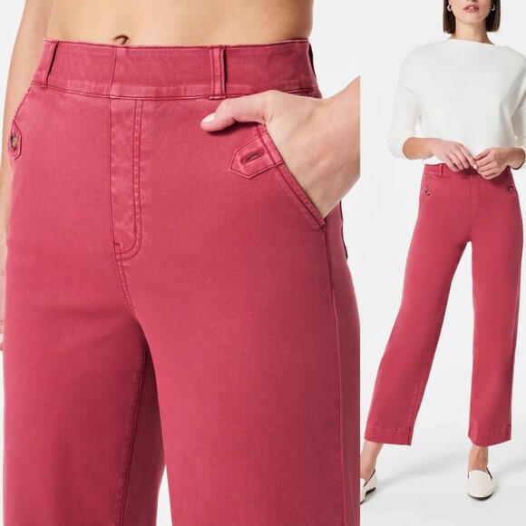 Spanx Stretch Twill Wide Leg Cropped Pants Wild Rose L Pull On Shaping Pockets - Picture 2 of 16